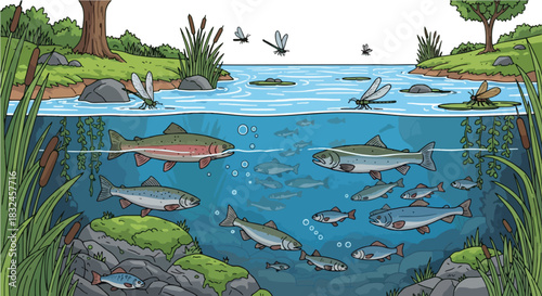 River ecosystem with fish and insects