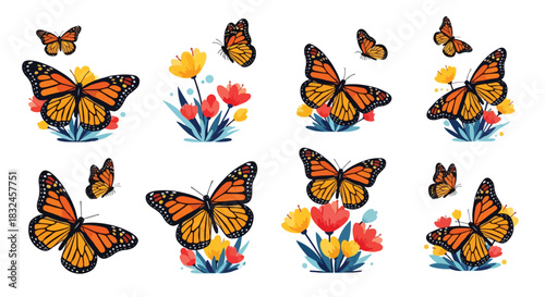 Monarch butterflies and flowers with transparent background