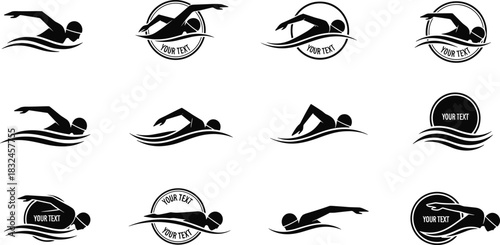 Set of swimmer silhouettes in the water, male athlete performing freestyle stroke, abstract swimming logo or badge vector collection, dynamic sports illustration for competition and fitness design.