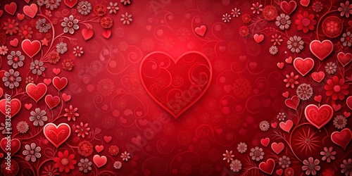 Vibrant Red Heart Background with Floral Elements and Swirls