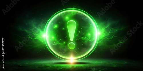 Glowing Green Exclamation Mark in a Dark Abstract Background