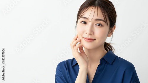 Portrait of a young Asian woman with smooth skin a gentle smile and hand touching her cheek against a clean white background