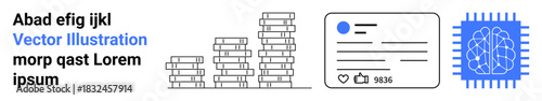 Artificial intelligence, data analysis, technology progress, financial growth, digital platforms, and social sharing. Stacked coins, AI chip and social media interface. Technology and data concepts