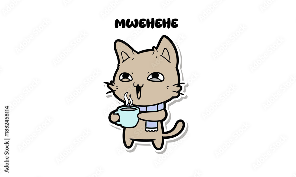 Obraz premium Mischievous cartoon cat sticker in striped scarf holding steaming mug with happy expression.