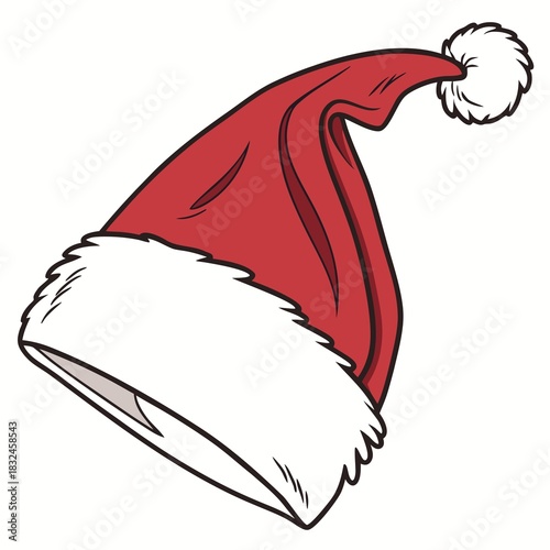 Illustration of red santa claus hat with white fluffy trim and pom pom
