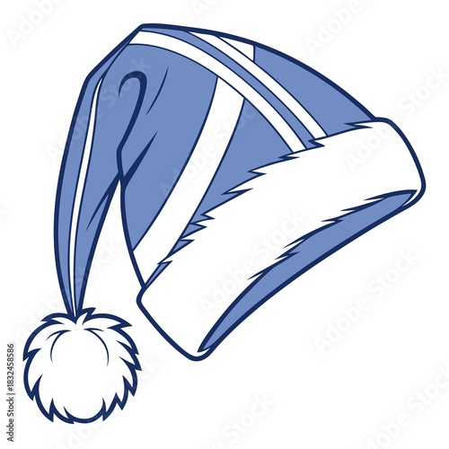 Cartoon vector blue nightcap with white stripes and pompom for sleeping