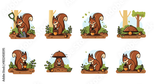 Squirrels gardening and foraging in a woodland scene