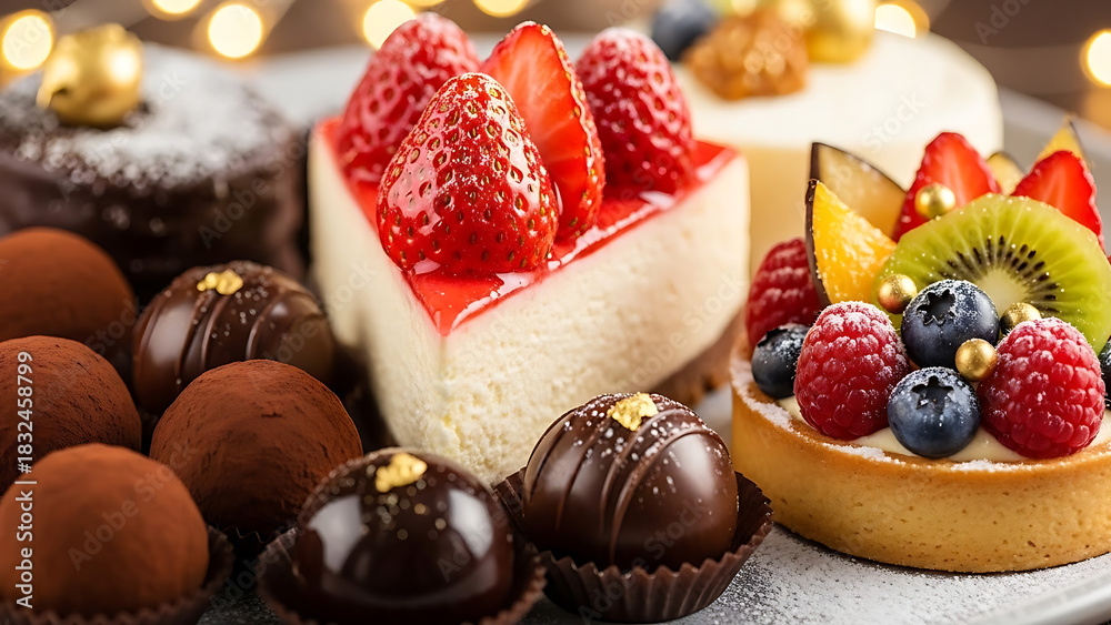 Fototapeta premium Decadent dessert collection rich chocolate cake, vibrant strawberry cheesecake, colorful fruit tart, and truffles, perfect for joyous celebrations and sweet indulgence