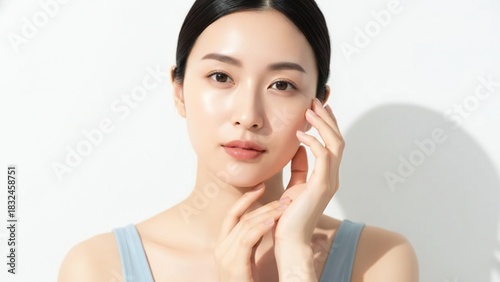 Close up studio portrait of a young Asian woman with clear radiant skin touching her face soft light chinese korean japanese