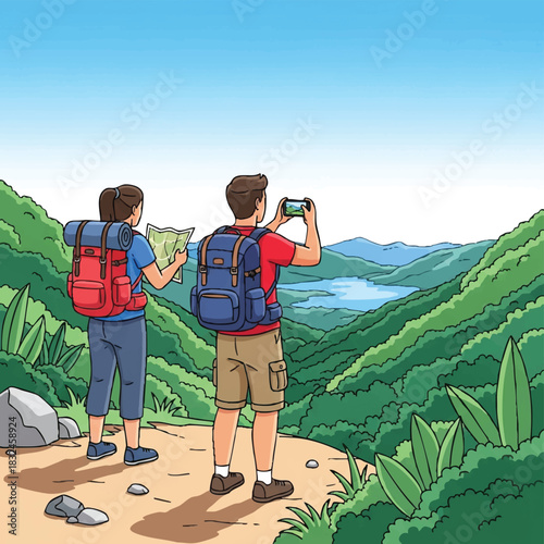 Two hikers with backpacks take in the scenic view of a lake and mountains while one takes a photo.