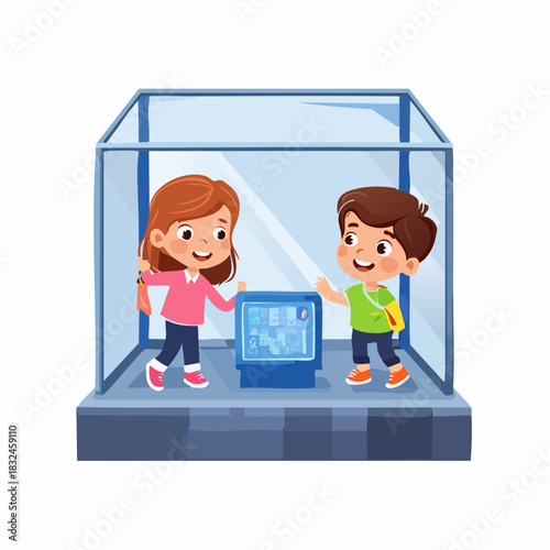 Children exploring a museum exhibit with a vintage television.