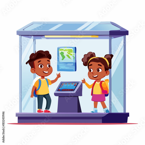 Children exploring museum exhibit with interactive display and map.