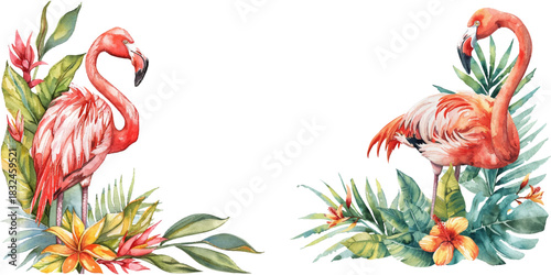 flamingo bird and tropical leaves watercolor vector illustration