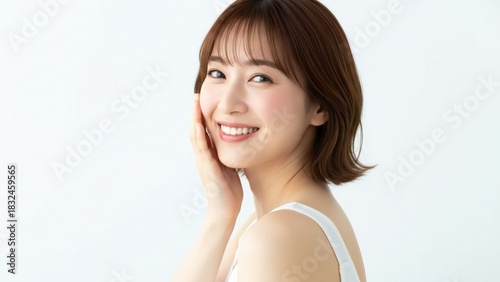 Young Asian woman with short brown hair smiles gently touching her cheek with a hand 122 characters chinese korean japanese