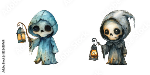 grim reaper holding lantern watercolor vector illustration