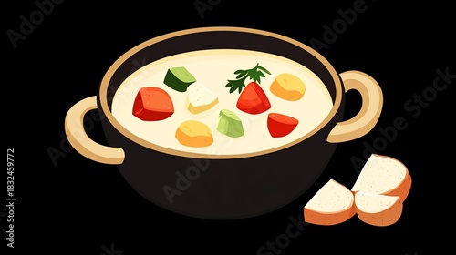Delicious vegetable cream soup illustration with bread on black background