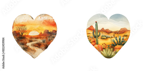 heart shape desert lanscape view watercolor vector illustration