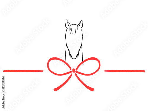 午年の年賀イラスト　赤い蝶結びとうま　シンプルでかわいい　線画　イラスト