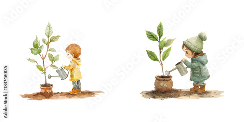 kid watering the plant watercolor vector illustration