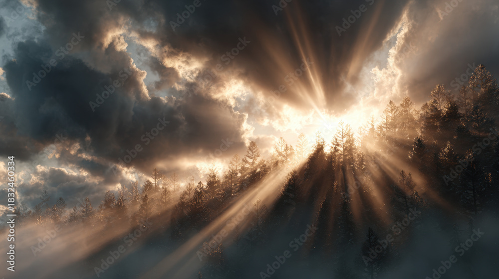 Obraz premium Sun rays piercing through morning clouds over forested hill, dramatic light scattering and misty atmosphere evoking awe and serenity