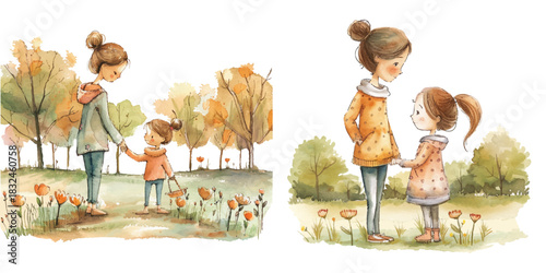 mother and daughter play in the park watercolor vector illustration