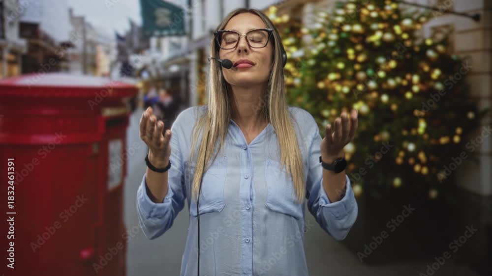 Woman call center operator wearing headset with palms up gesture on a ...