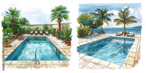 swimming pool watercolor vector illustration