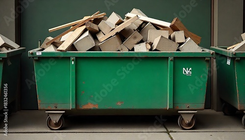 Green skip bin overflowing with construction debris. Old wooden planks concrete blocks and fabric waste fill the container. House renovation project in progress is happening,created with generative ai