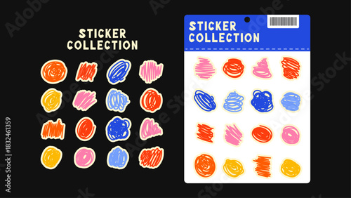 Printable doodle sticker pack with quirky scribbles, expressive emotions, kawaii eyes, playful mascot characters and geometric accents for fun decoration.