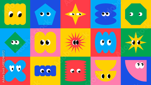 Vibrant geometric stickers featuring kawaii emotions, fun mascots, expressive eyes and simple doodle style. Printable pack for kids, crafts and notebooks.