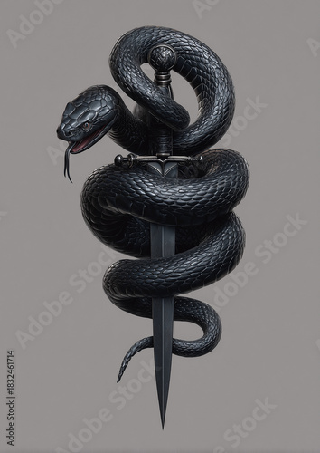 A black snake coiled around a dark sword with its tongue sticking out on gray background