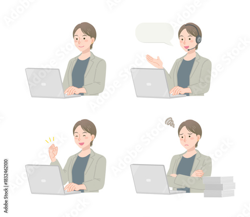 PC作業をするビジネスウーマンのイラストセット