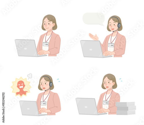 PC作業をする女性社員のイラストセット