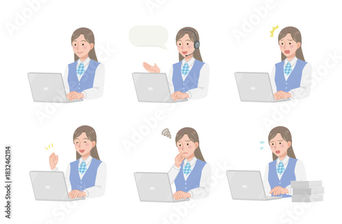 PC作業をする女性事務員のイラストセット
