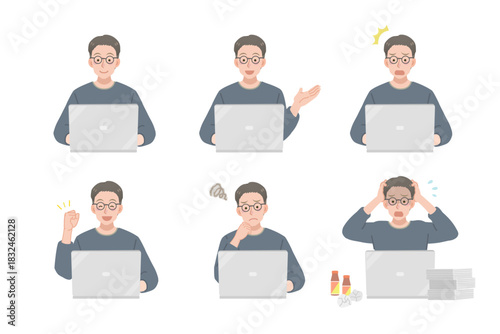 PC作業をするカジュアルな服装のビジネスマンのイラストセット