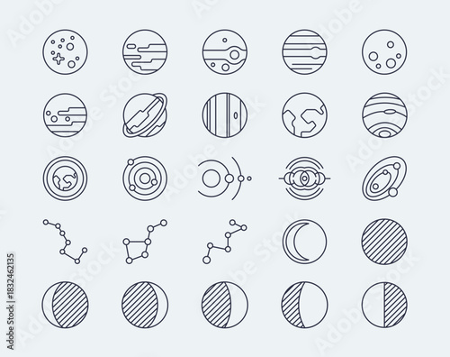 Planets line icons set. Editable stroke. Simple vector icon in modern thin line style. Vector illustration.