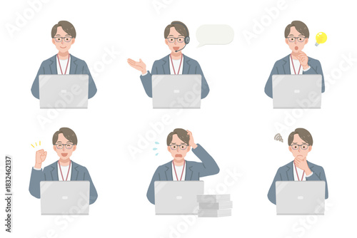 PC作業をするカジュアルな服装のビジネスマンのイラストセット