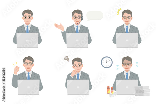 PC作業をするビジネスマンのイラストセット