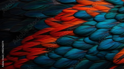 Close-up texture of vibrant iridescent blue and red-orange bird feathers arranged in a pattern.    