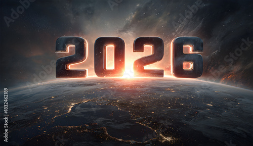 High quality photo of glowing numbers 2026 floating above planet earth in space