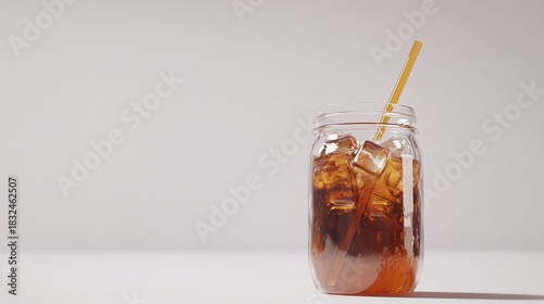 Iced Tea in Glass Jar with Straw, Refreshing Drink on Clean Background