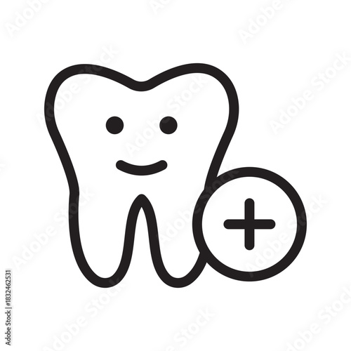 Friendly Smiling Tooth with Plus icon collection featuring dental care symbols for clinics, oral health, and patient wellness