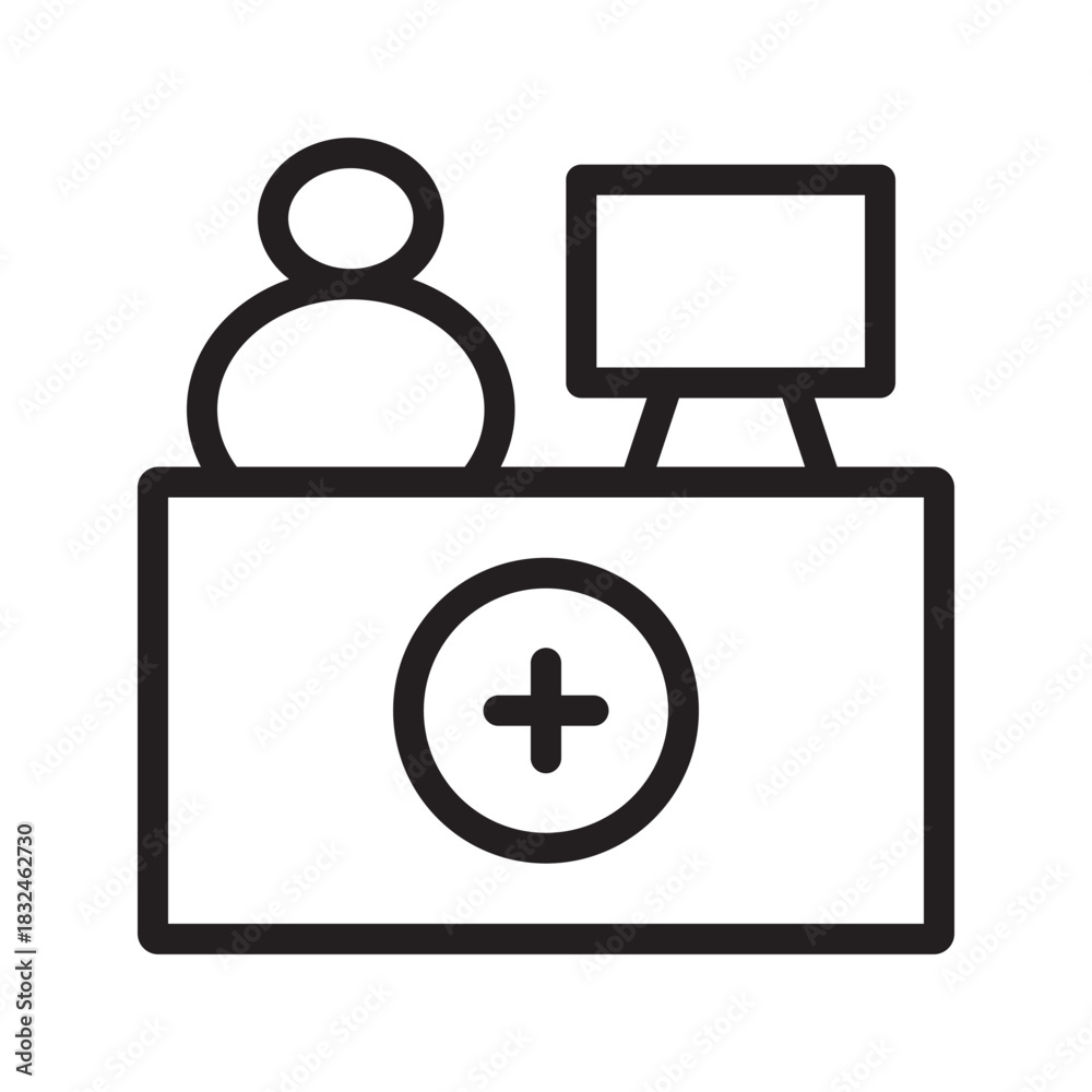 Obraz premium Professional Medical Desk icon collection featuring organized healthcare workspace symbols for clinics, hospitals, and patient services