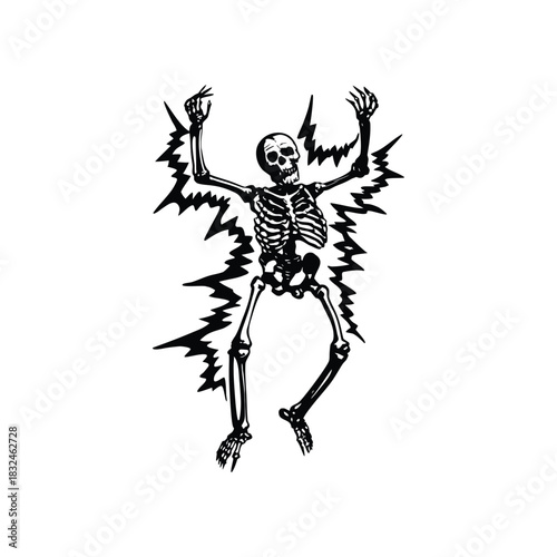 Black and white vintage retro illustration of a human skeleton surrounded by electrical energy Vector style