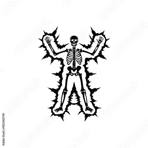 Black and white vintage retro illustration of a human skeleton surrounded by electrical energy Vector style