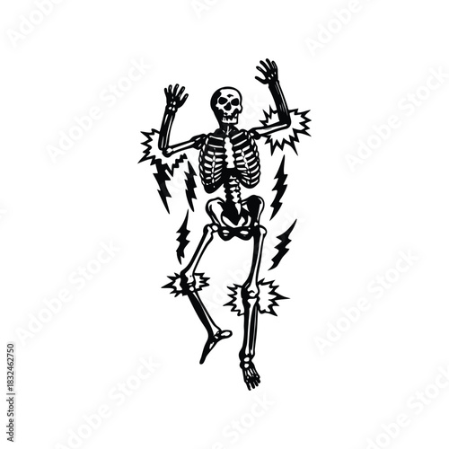 Black and white vintage retro illustration of a human skeleton surrounded by electrical energy Vector style