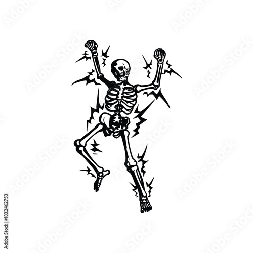 Black and white vintage retro illustration of a human skeleton surrounded by electrical energy Vector style