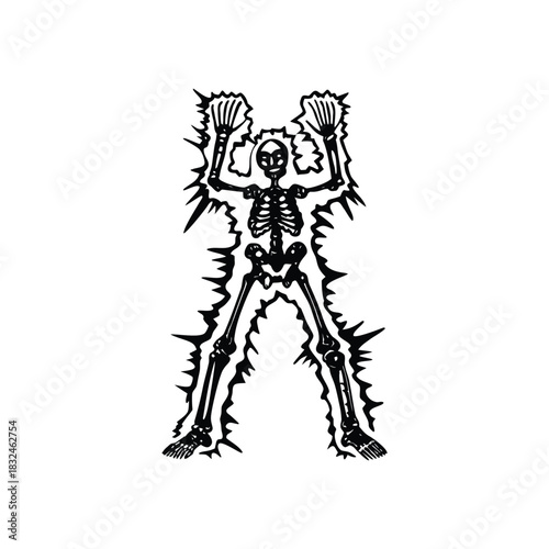 Black and white vintage retro illustration of a human skeleton surrounded by electrical energy Vector style