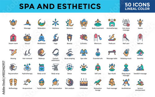 Spa and Esthetics icons set with spa, massage, relaxation, wellness, skincare, facial, body treatment icon. Simple lineal color vector. Editable stroke. 
