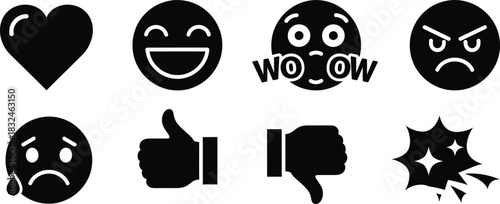 Black and white emoji set representing various emotions and reactions